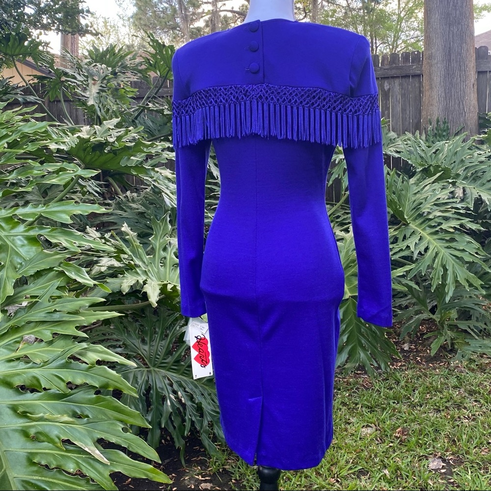 Vintage dead stock cobalt blue fringe long sleeve sweater dress. - Picture 4 of 16